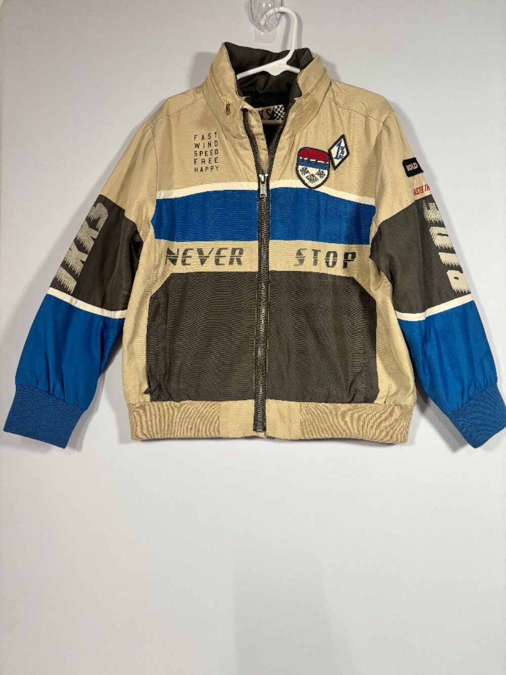 IKKS Tribe Boys Colorblock Bomber Jacket - Tan/Blue/Black Size 6 years